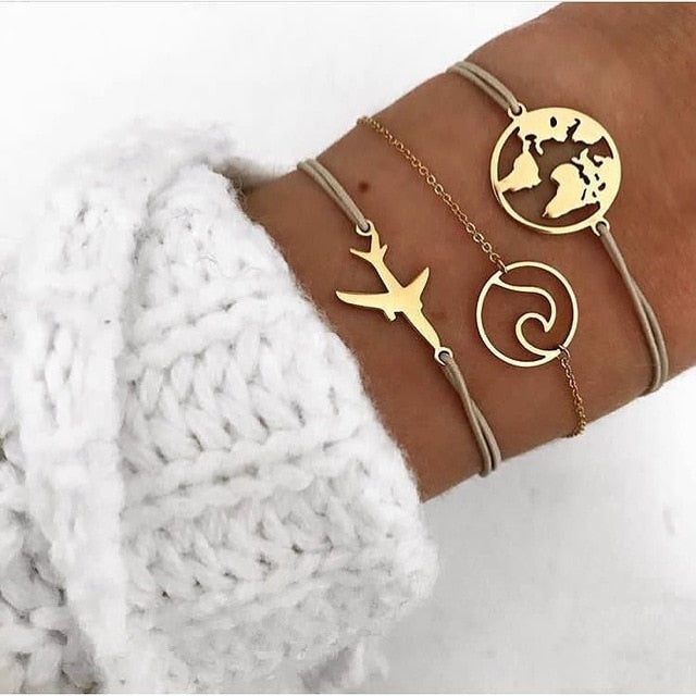 New Bohemian Black Rope Chain Bracelet Set For Women aircraft Shell Moon Heart crystal Charm Bangle Personalized Jewelry - Shopeasywear