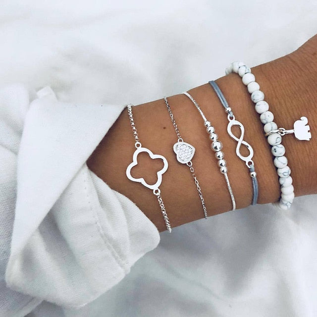 New Bohemian Black Rope Chain Bracelet Set For Women aircraft Shell Moon Heart crystal Charm Bangle Personalized Jewelry - Shopeasywear