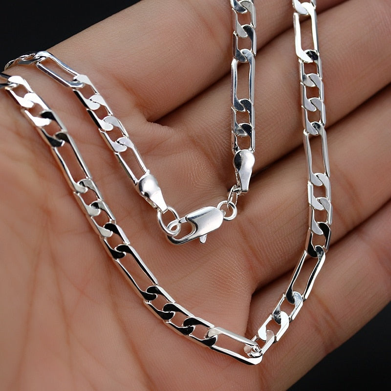 Fashion Women Silver Color  Men's Chains Necklace 4mm Flat Three One Link Chain High Quality Women Hip Hop Necklace - Shopeasywear