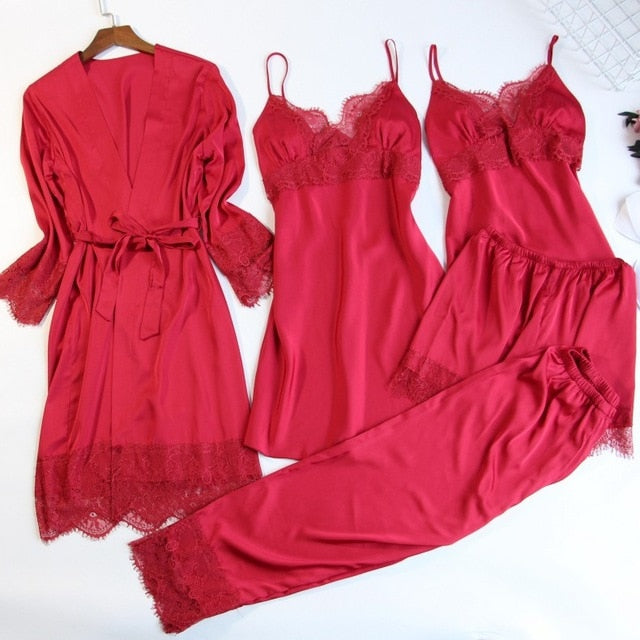 5 Pieces Sets Sexy Lace Female Satin Pajama