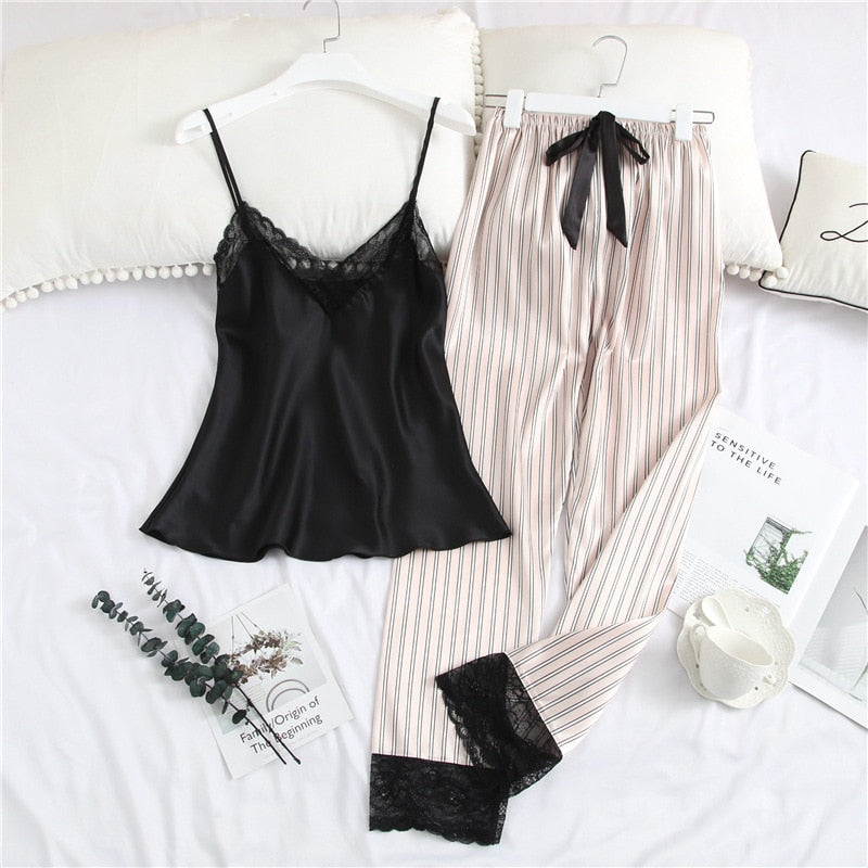 2-stuk sexy kant satyn pajamas vir vroue