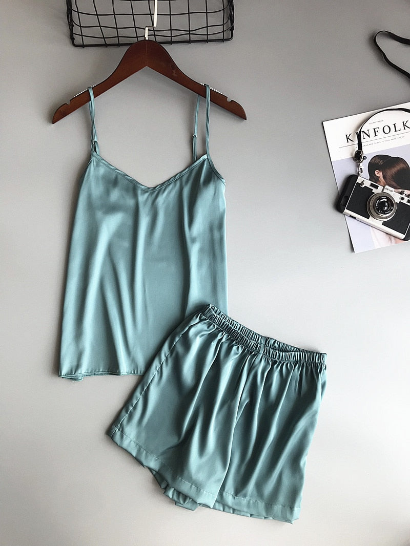 Ice Silk Twinset Korean Solid Color Women Pajamas - Jeglowstore