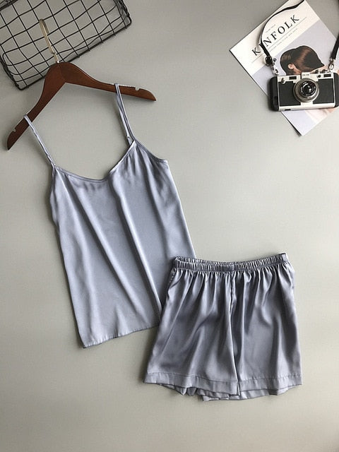 Ice Silk Twinset Korean Solid Color Women Pajamas - Jeglowstore